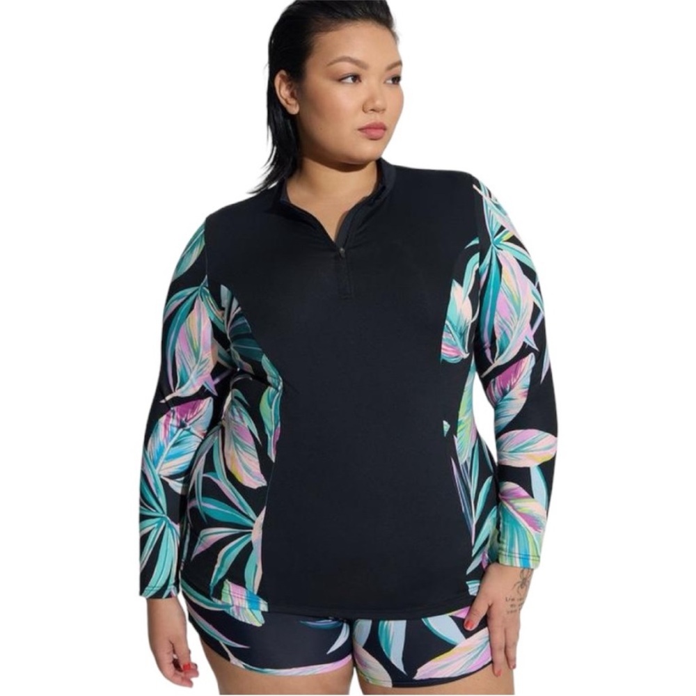 TORRID Tropical Palm Leaf Half Zip Rash Guard - Size 4 EUC